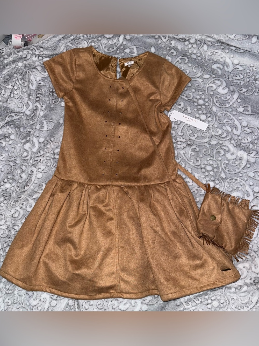 NWT Tahari Girl Faux Suede Dress Fringe Purse Set Girls 12